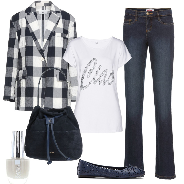Outfit donna - La giacca a quadri. Stile Casual chic per Serata fuori. Abbinamento con jeans bootcut, maglieria, ballerine, blazer, borse a mano, smalti.
