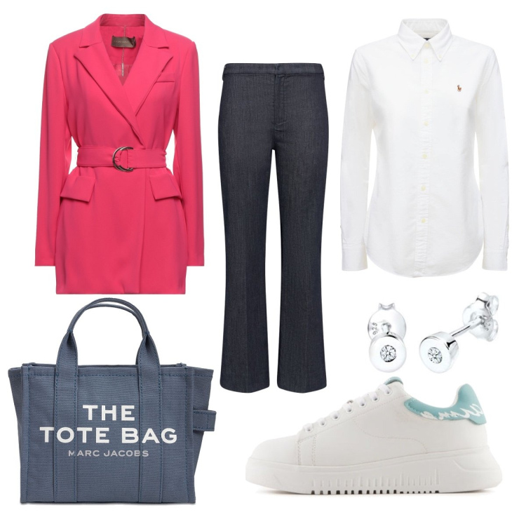 Outfit donna - Weekend. Stile Casual chic per Tutti i giorni. Abbinamento con blazer, sneakers, jeans, camicie, orecchini, borse tote.