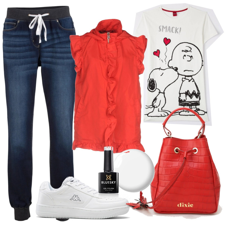Outfit donna - Sporty chic low cost. Stile Sporty chic per Tutti i giorni. Abbinamento con jeans boyfriend, sneakers, giacche, t-shirt, borse a secchiello, smalti.