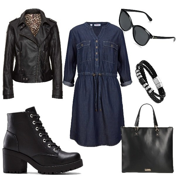 Outfit donna - Abito in jeans blu scuro. Stile Casual per Tutti i giorni. Abbinamento con stivaletti, felpa, cappotti, borse a mano, occhiali da sole, braccialetti.