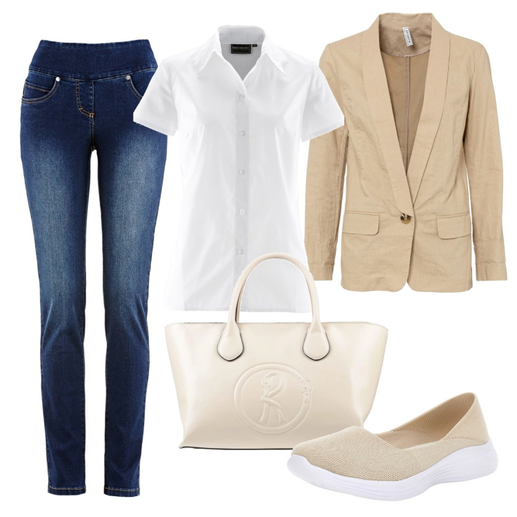 Outfit donna - Semplice è meglio. Stile Basic per Ufficio. Abbinamento con jeans slim fit, camicie a manica corta, blazer, borse a mano, ballerine.