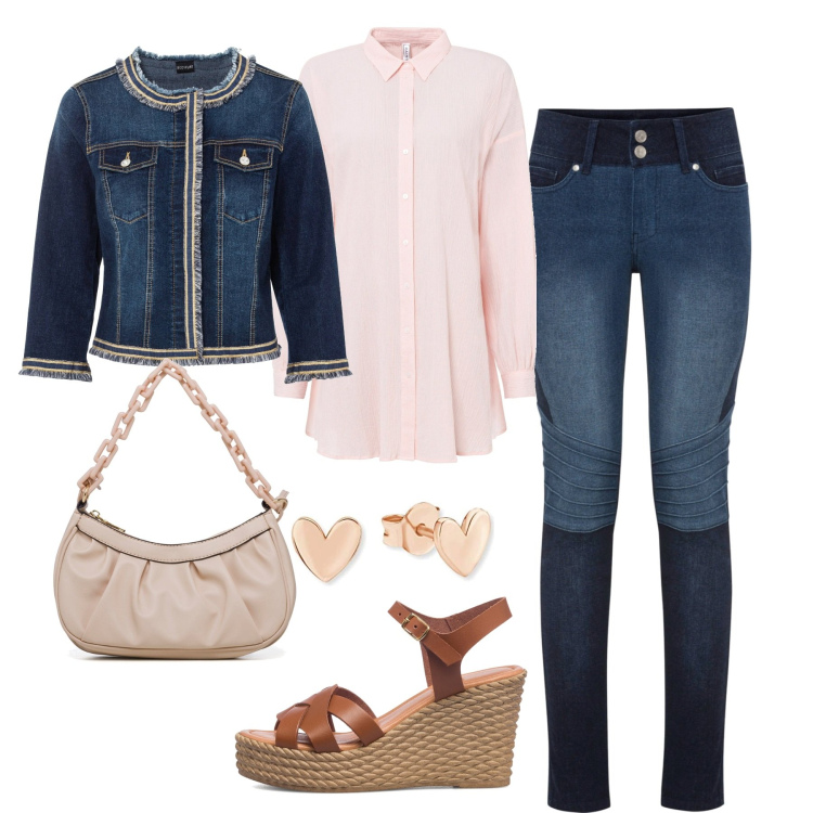 Outfit donna - In città. Stile Casual per Tutti i giorni. Abbinamento con blazer, jeans skinny, camicie, sandali in pelle, borse a mano, orecchini.