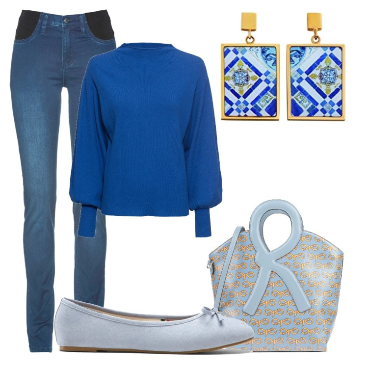 Outfit donna - Gisella. Stile Basic per Tutti i giorni. Abbinamento con maglieria, jeans skinny, ballerine, borse a mano, orecchini.