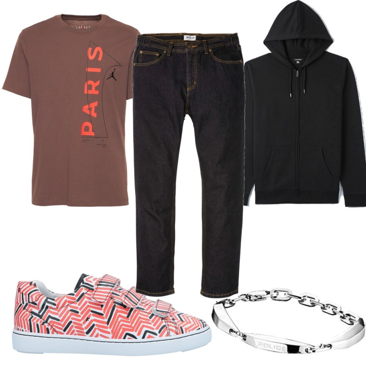 Outfit uomo - Total look #1584461. Stile Urban per Tutti i giorni. Abbinamento con jeans dritti, sneakers, felpe con cappuccio, braccialetti, t-shirt.