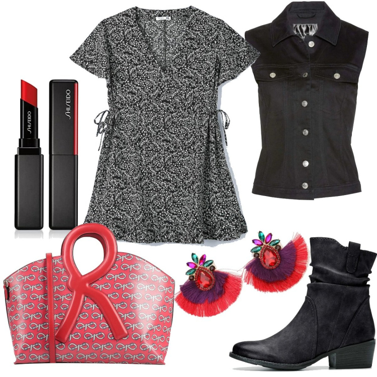 Outfit donna - Total look #1584483. Stile Romantica per Tutti i giorni. Abbinamento con stivaletti texani, gilet, borse a mano, vestiti midi/longuette, orecchini, rossetti.