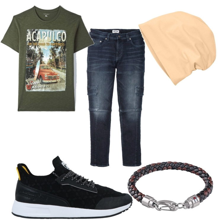 Outfit uomo - Total look #1584487. Stile Urban per Tutti i giorni. Abbinamento con jeans slim fit, sneakers, t-shirt, berretti, braccialetti.