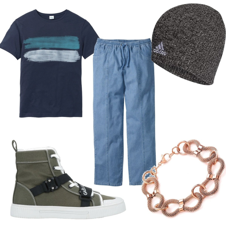 Outfit uomo - Total look #1584490. Stile Urban per Tutti i giorni. Abbinamento con t-shirt, jeans dritti, sneakers alte, berretti, braccialetti.