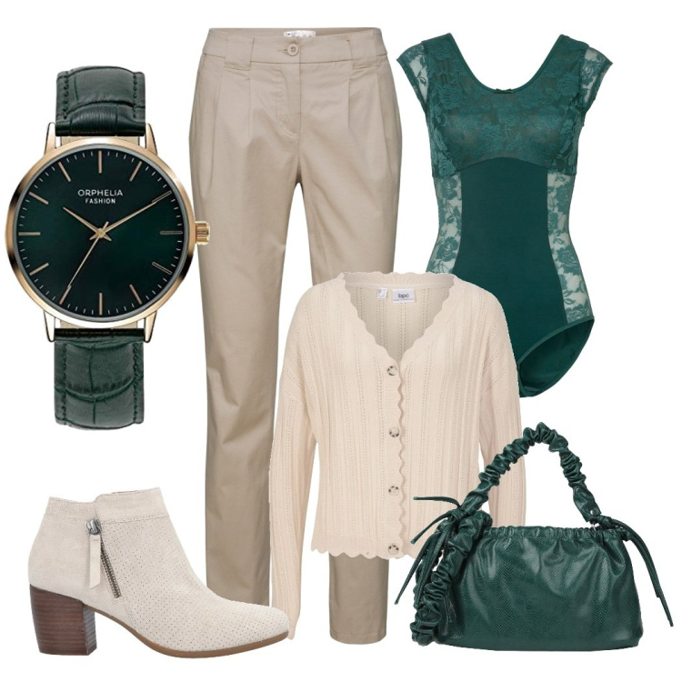 Outfit donna - Verde speranza. Stile Basic per Tutti i giorni. Abbinamento con pantaloni chino, body, cardigans, stivaletti, borse a mano, orologi analogici.