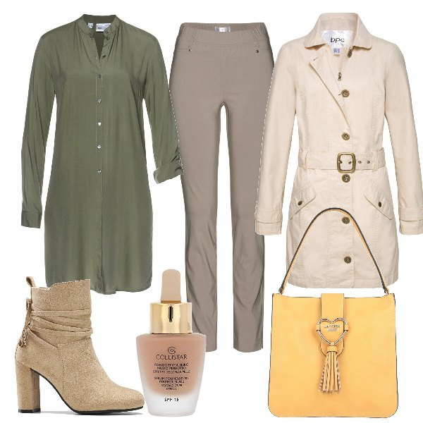Outfit donna - Total look #1584582. Stile Casual chic per Tutti i giorni. Abbinamento con pantaloni, camicie, stivaletti, trench, borse a mano, fondotinta.