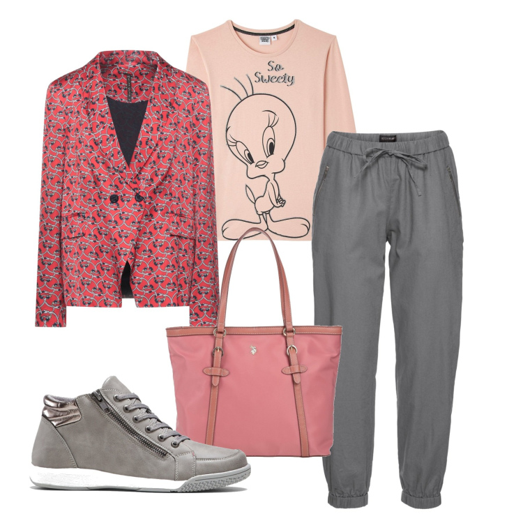 Outfit donna - So sweety. Stile Basic per Tutti i giorni. Abbinamento con pantaloni, sneakers alte, blazer, borse a mano, pigiama.