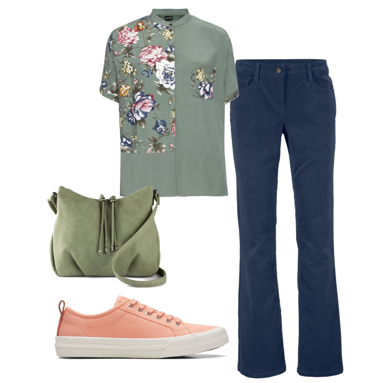 Outfit donna - Flowers corner. Stile Basic per Tutti i giorni. Abbinamento con pantaloni, camicie, borse a tracolla, sneakers.