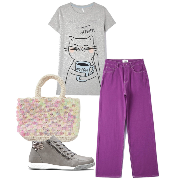 Outfit donna - Buon giorno. Stile Basic per Tutti i giorni. Abbinamento con sneakers alte, borse a mano, pantaloni, t-shirt.