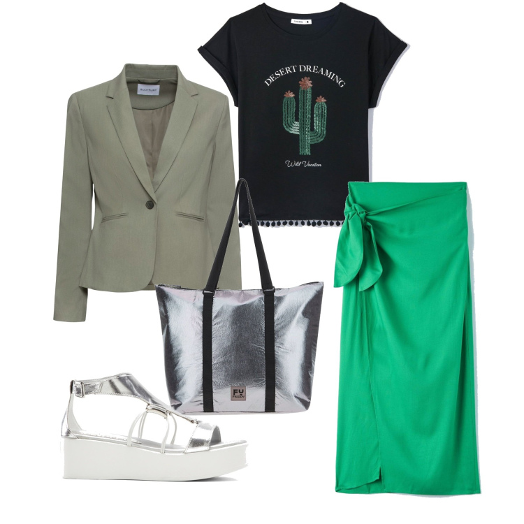Outfit donna - Con i sandali. Stile Chic per Tutti i giorni. Abbinamento con blazer, sandali col tacco, gonne, t-shirt, borse tote.