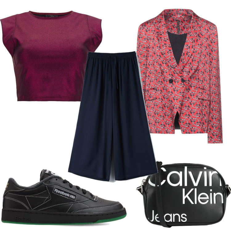 Outfit donna - Total look #1584659. Stile Trendy per Tutti i giorni. Abbinamento con blazer, borse a tracolla, pantaloni a palazzo, top, sneakers.