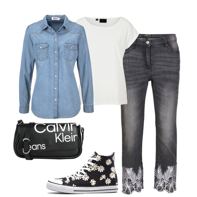 Outfit donna - In città. Stile Casual per Tutti i giorni. Abbinamento con camicie, sneakers alte, jeans, maglieria, borse a tracolla.