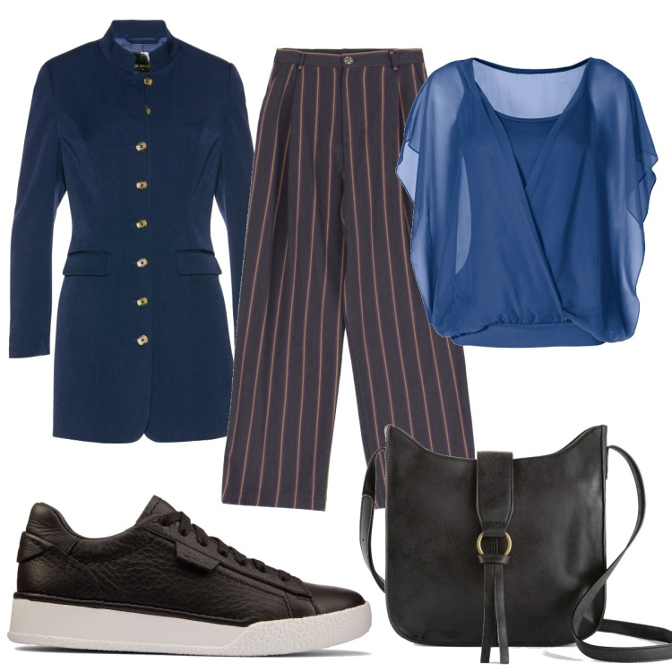 Outfit donna - Total look #1584679. Stile Trendy per Tutti i giorni. Abbinamento con bluse, borse a tracolla, blazer, pantaloni a palazzo, sneakers.
