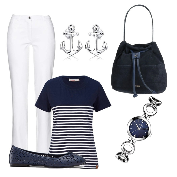 Outfit donna - Marina. per Ufficio. Abbinamento con t-shirt, pantaloni, ballerine, borse a mano, orologi, orecchini.