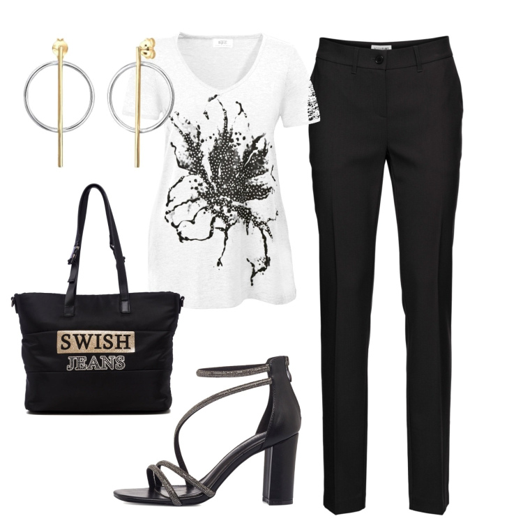 Outfit donna - In città. Stile Casual per Tutti i giorni. Abbinamento con pantaloni, t-shirt, sandali in pelle, borse a spalla, orecchini.