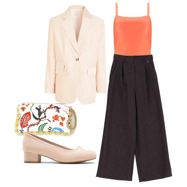 Outfit donna - Minimal ufficio. Stile Minimal per Ufficio. Abbinamento con décolleté, blazer, canottiere, pantaloni a palazzo, pochette.