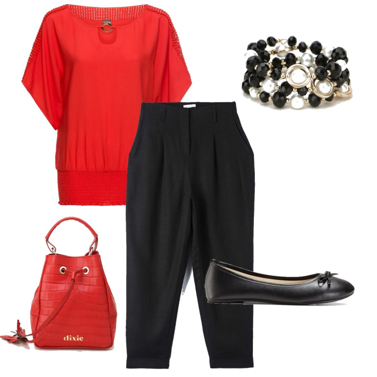 Outfit donna - Un bracciale nero e bianco. Stile Bon Ton per Ufficio. Abbinamento con bluse, ballerine, pantaloni chino, borse a secchiello, braccialetti.