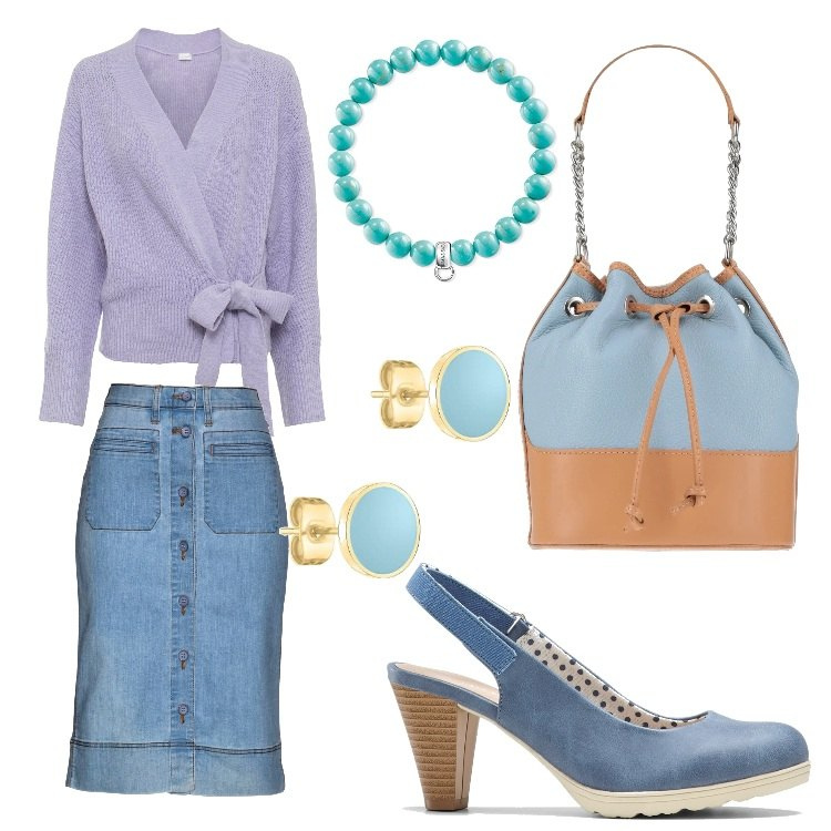 Outfit donna - Cardigan azzurro. Stile Casual chic per Ufficio. Abbinamento con gonne, cardigans, décolleté, borse a mano, braccialetti, orecchini.