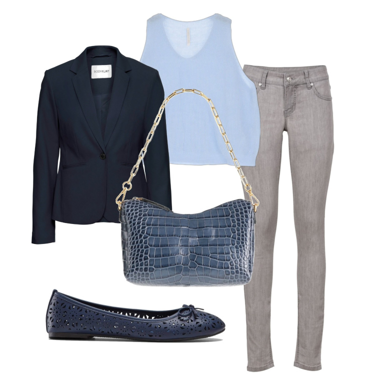 Outfit donna - Giro in centro. Stile Basic per Tutti i giorni. Abbinamento con blazer, jeans skinny, ballerine, borse a mano, canottiere.