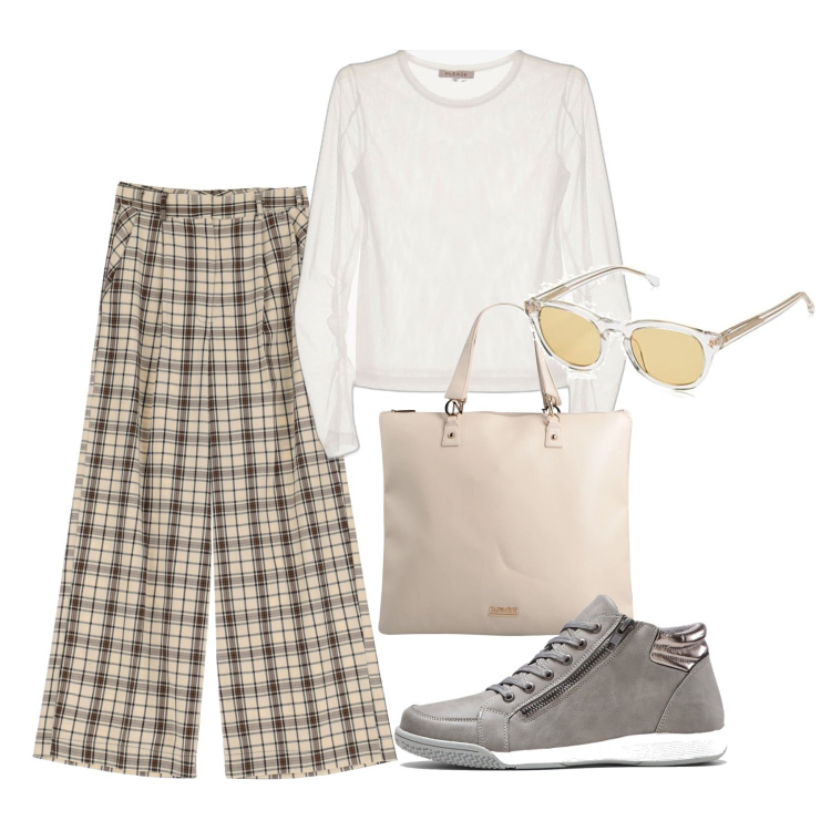 Outfit donna - Oversize. Stile Basic per Tutti i giorni. Abbinamento con sneakers alte, borse a mano, maglieria, pantaloni a palazzo, occhiali da sole.