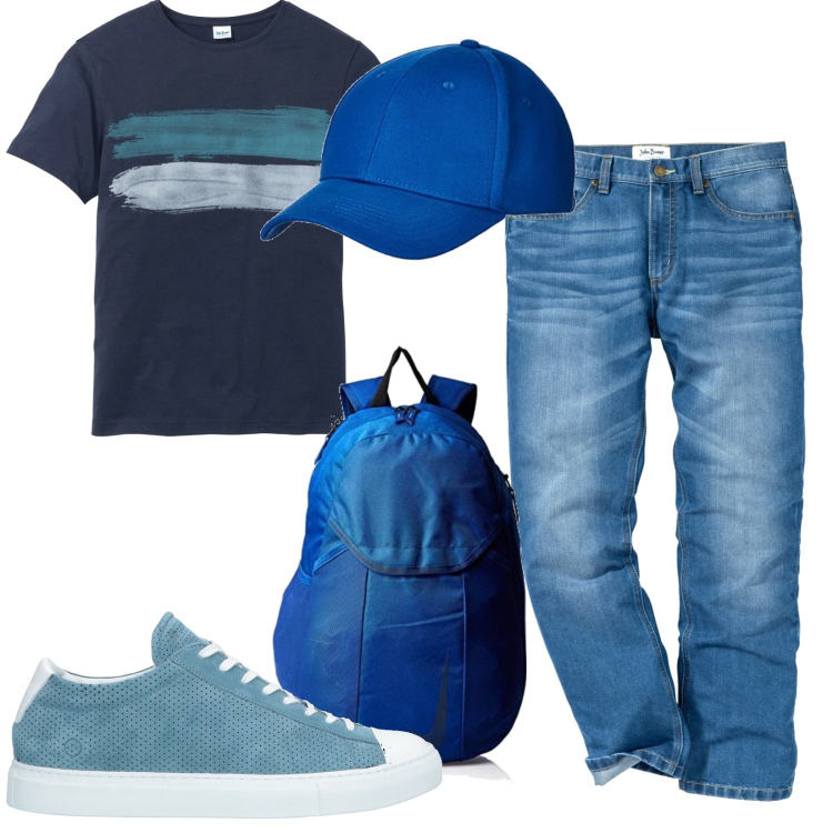 Outfit uomo - Sfumature blu. Stile Casual per Tutti i giorni. Abbinamento con jeans dritti, t-shirt, sneakers, borse sportive, cappelli.