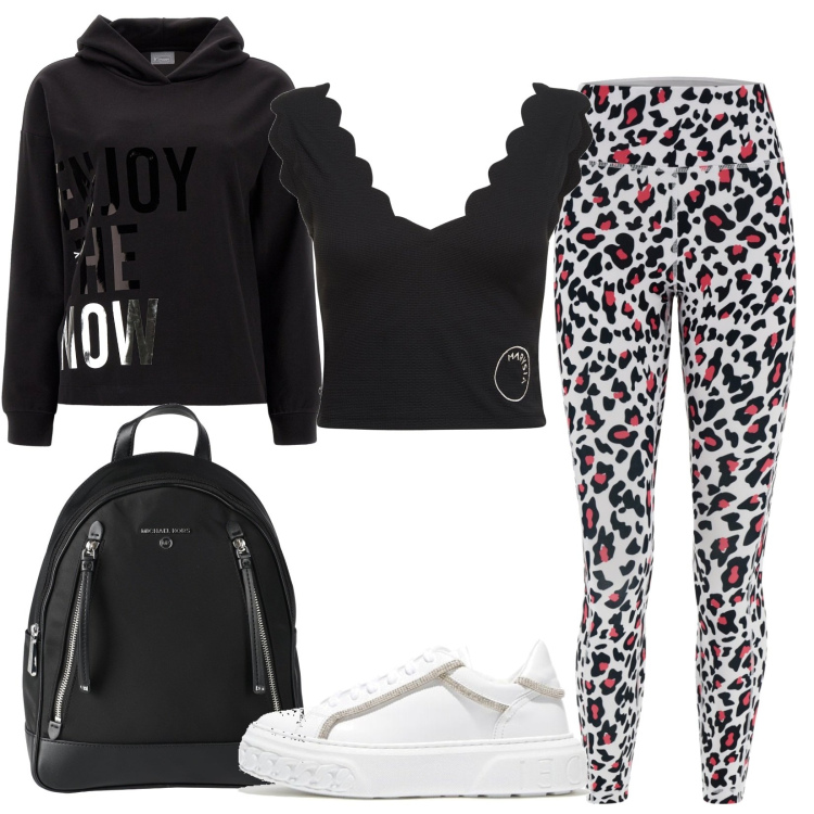 Outfit donna - L\'ora dello sport. Stile Sporty chic per Tutti i giorni. Abbinamento con zaini, sneakers, leggings sportivo, felpe con cappuccio, top.
