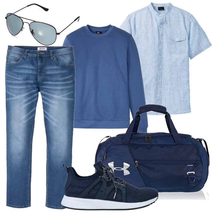 Outfit uomo - Vestirsi a strati. Stile Casual per Tutti i giorni. Abbinamento con camicie a manica corta, jeans dritti, felpe, sneakers, borse sportive, occhiali da sole.