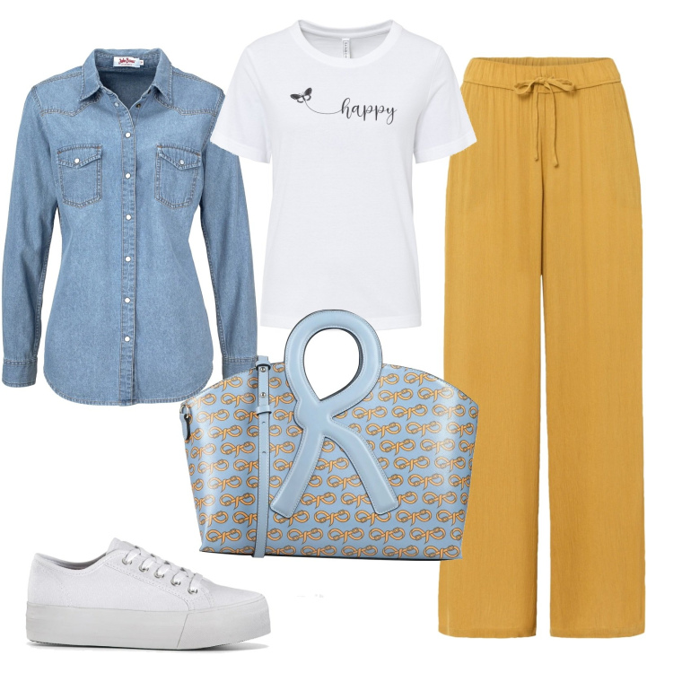 Outfit donna - Sporty chic. Stile Sporty chic per Tutti i giorni. Abbinamento con pantaloni a palazzo, camicie, sneakers, t-shirt, borse a mano.