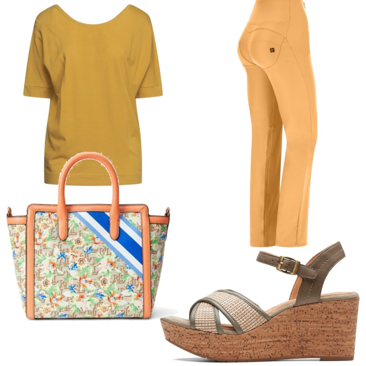 Outfit donna - Sandalo verde con la zeppa. Stile Casual per Tutti i giorni. Abbinamento con t-shirt, sandali in pelle, pantaloni, borse tote.