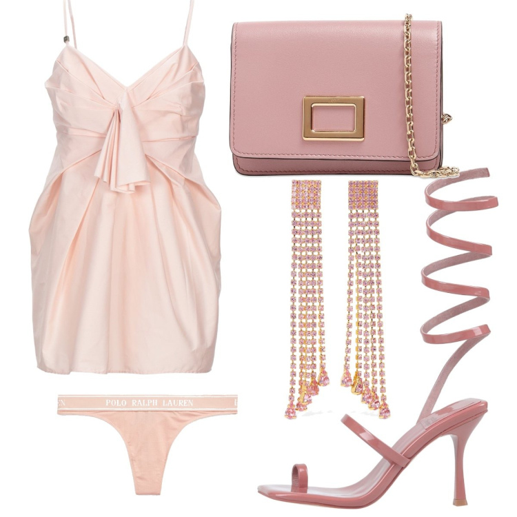 Outfit donna - Sandalo rosa polvere. Stile Chic per Cerimonia. Abbinamento con top, infradito, perizomi, pochette, orecchini.