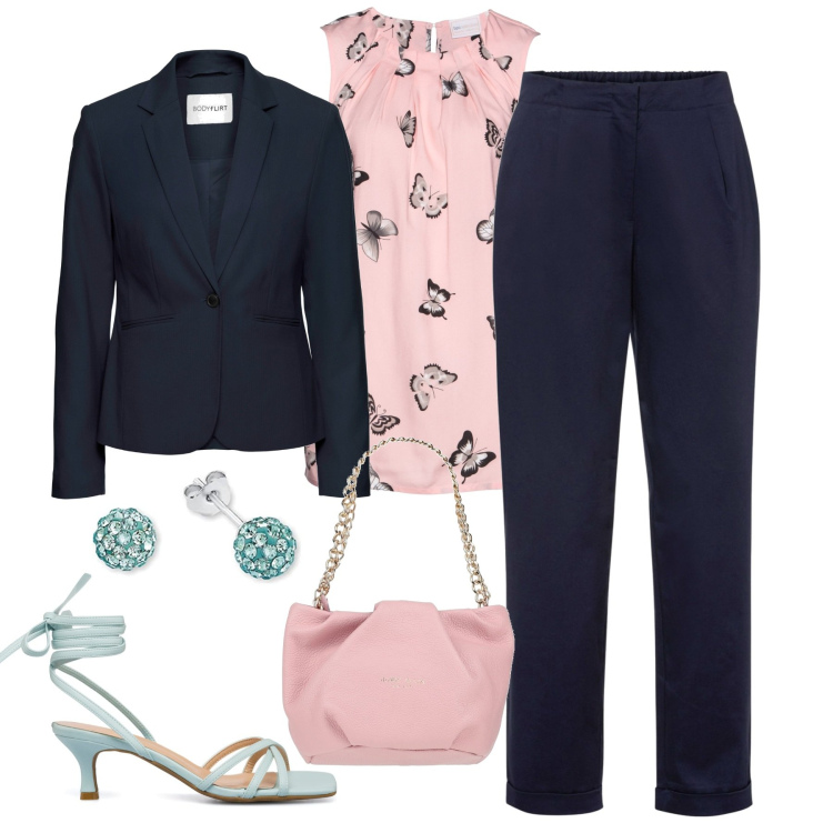 Outfit donna - In città. Stile Casual chic per Tutti i giorni. Abbinamento con blazer, pantaloni, top, borse a mano, sandali in pelle, orecchini.
