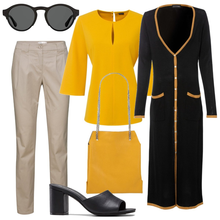 Outfit donna - Super cardigan slanciante. Stile Casual chic per Serata fuori. Abbinamento con pantaloni chino, ciabatte, bluse, cardigans, borse a mano, occhiali da sole.