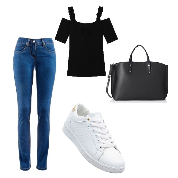 Outfit donna - Da ragazze. Stile Trendy per Tutti i giorni. Abbinamento con jeans dritti, sneakers, maglia con fiocco e cerchi con ruches e spalle scoperte a maniche corte elasticizzato nero, borsa a mano nero.