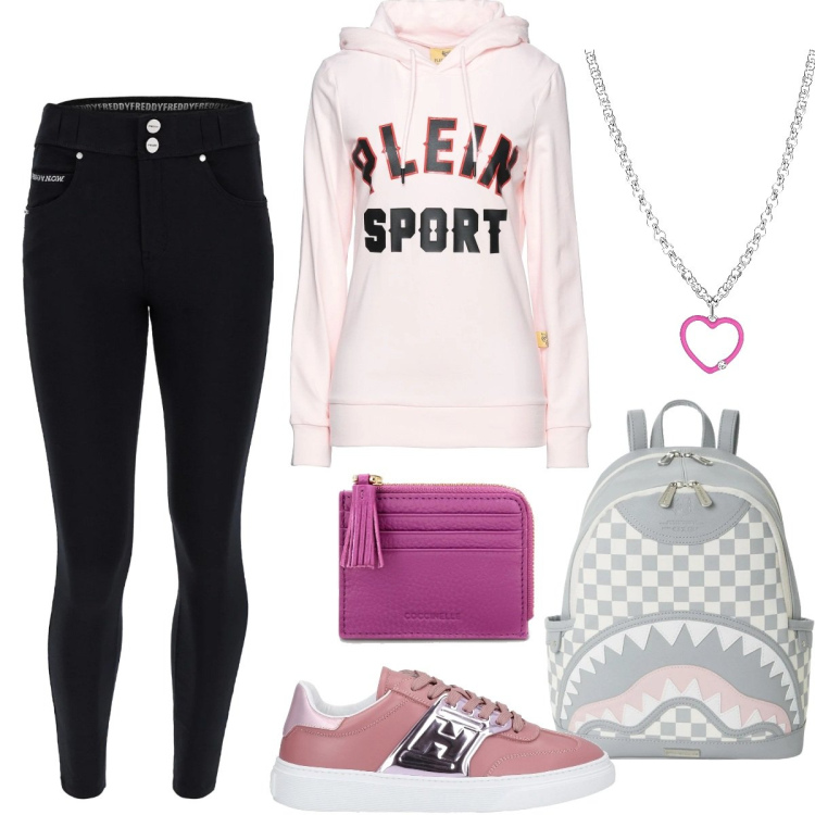 Outfit donna - Sporty chic #1886. Stile Sporty chic per Tutti i giorni. Abbinamento con felpe con cappuccio, sneakers, collane, zaini, portafogli, pantaloni skinny.