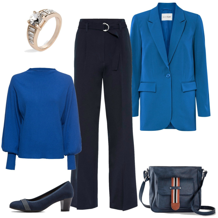 Outfit donna - Il blazer lungo per l\'ufficio. Stile Chic per Ufficio. Abbinamento con maglieria, décolleté, pantaloni, blazer, borse a tracolla, anelli.