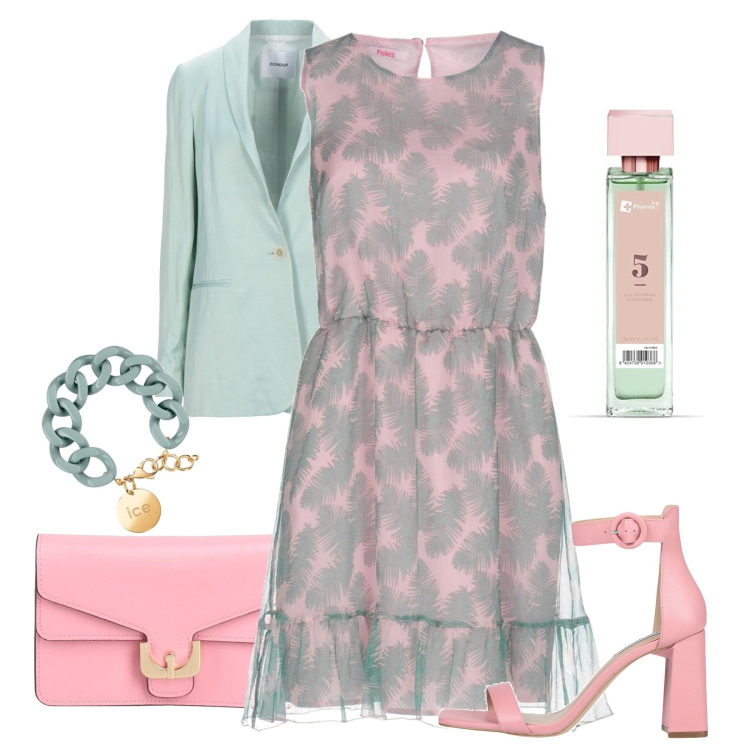 Outfit donna - Verde e rosa. Stile Chic per Serata fuori. Abbinamento con sandali col tacco, vestiti corti, blazer, borse a mano, profumi, braccialetti.