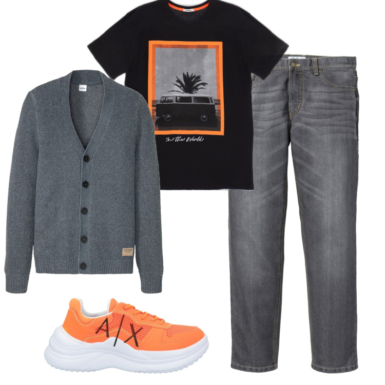 Outfit uomo - Un cardigan versatile. Stile Casual per Tutti i giorni. Abbinamento con jeans dritti, cardigans, sneakers, t-shirt.