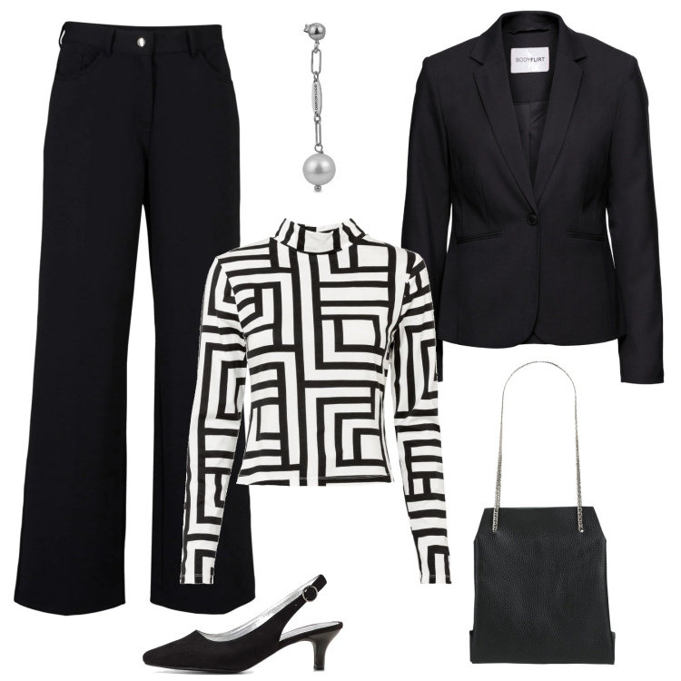 Outfit donna - La blusa optical sul tailleur nero. Stile Chic per Serata fuori. Abbinamento con blazer, maglieria, pantaloni, décolleté, borse a mano, orecchini.
