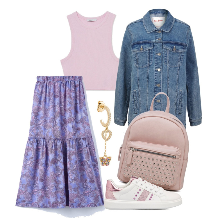 Outfit donna - Ghost outfitter - aprile. Stile Basic per Tutti i giorni. Abbinamento con blazer, gonne lunghe, orecchini, top, sneakers, zaini.