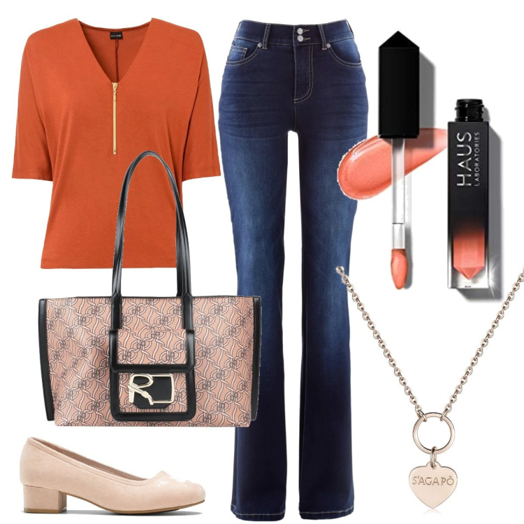 Outfit donna - Basic #5615. Stile Basic per Tutti i giorni. Abbinamento con jeans bootcut, décolleté, maglieria, borse a spalla, collane, gloss.