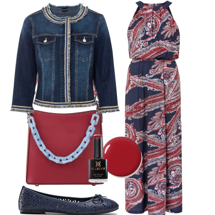 Outfit donna - Rosso e blu. Stile Casual per Tutti i giorni. Abbinamento con blazer, vestiti lunghi, ballerine, borse a mano, smalti.