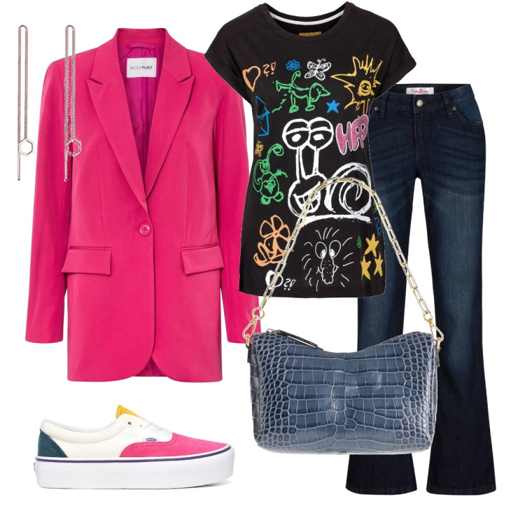Outfit donna - Total look #1585386. Stile Urban per Ufficio. Abbinamento con t-shirt, jeans bootcut, blazer, borse a mano, sneakers, orecchini.