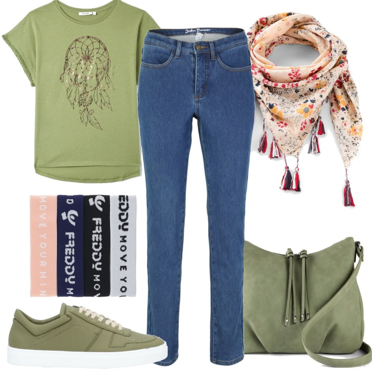 Outfit donna - Basic #5615. Stile Basic per Tutti i giorni. Abbinamento con sneakers, borse a tracolla, foulard, jeans, t-shirt, braccialetti.