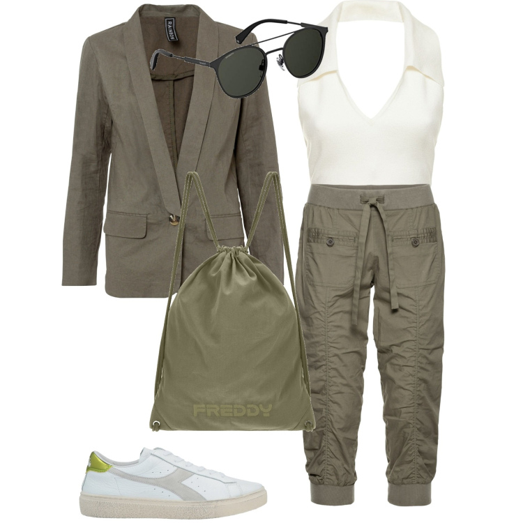 Outfit donna - Esco per una passeggiata. Stile Sporty chic per Tutti i giorni. Abbinamento con pantaloni capri, blazer, sneakers, zaini, top, occhiali da sole.
