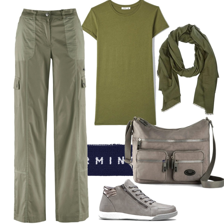 Outfit donna - Military #210. Stile Military per Tutti i giorni. Abbinamento con pantaloni cargo, sneakers alte, borse a tracolla, t-shirt, braccialetti, sciarpe.