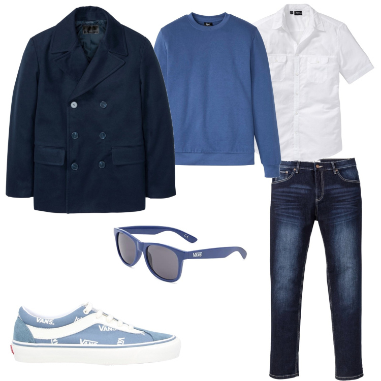 Outfit uomo - Aprile blu. Stile Casual per Tutti i giorni. Abbinamento con camicie a manica corta, jeans slim fit, felpe, caban, sneakers, occhiali da sole.