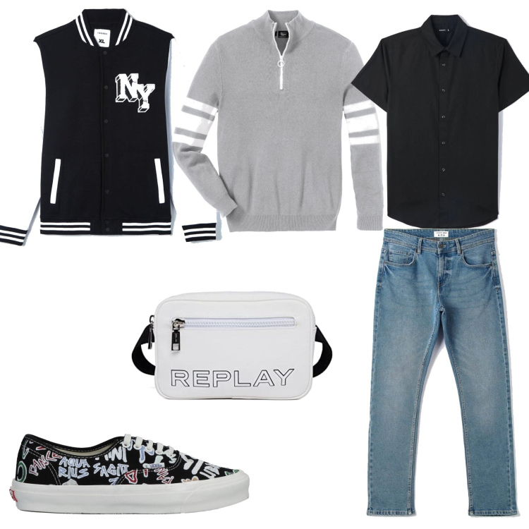 Outfit uomo - Trendy monday. Stile Casual per Tutti i giorni. Abbinamento con t-shirt sportive, sneakers, jeans, cappotti, camicie, borse sportive.